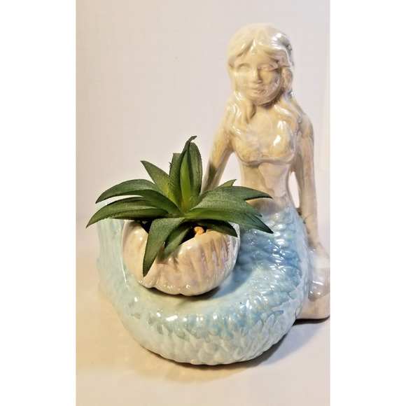 Mermaid Figurine with Shell Faux Plant Succulent Coastal Nautical Decor - Picture 1 of 7